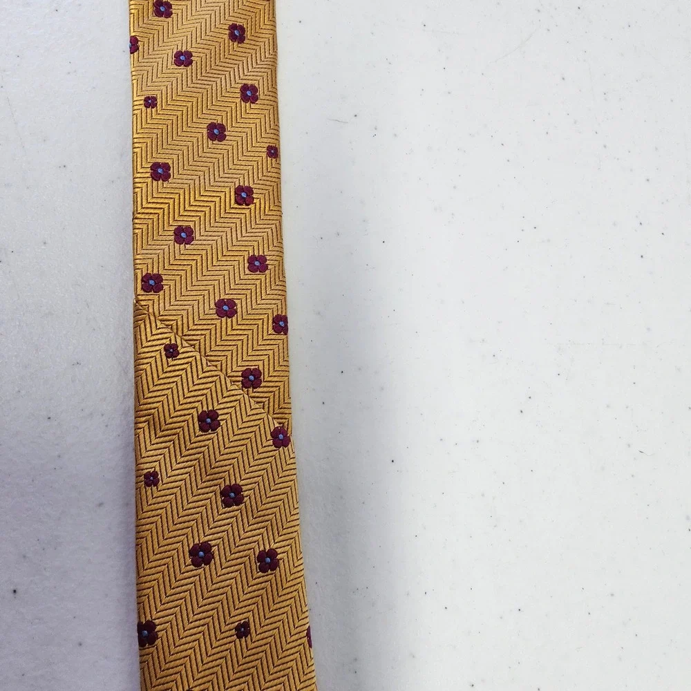 Holland & Sherry Necktie Mens OS Gold Herringbone‎ Floral Silk Hand Made USA